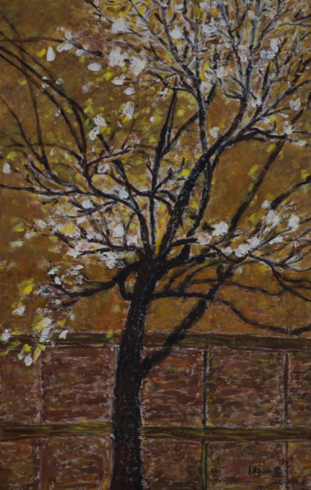 游小鱼(王红）油画作品【布面油画《墙边树》90cm×70cm，2013年】